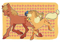 Size: 2048x1447 | Tagged: safe, artist:glitterghast, derpibooru import, part of a set, applejack, applejack (g1), earth pony, pony, g1, g4, :d, ^^, apple background, applejack's hat, big ears, bow, closed mouth, colored hooves, colored pinnae, cowboy hat, duo, duo female, eyebrows, eyebrows visible through hair, eyes closed, female, full body, generational ponidox, hat, hatching (technique), height difference, hooves, image, lacrimal caruncle, looking at someone, mare, no pupils, open mouth, open smile, orange background, outline, passepartout, png, running, side view, signature, simple background, smiling, smiling at each other, tail, tail bow, unshorn fetlocks, walking, white outline, wind, windswept mane, windswept tail