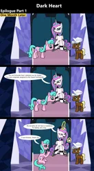 Size: 1920x3516 | Tagged: safe, artist:platinumdrop, derpibooru import, aquamarine, princess flurry heart, oc, oc:brave dawn, alicorn, earth pony, pony, comic:dark heart epilogue, series:dark heart, g4, 3 panel comic, alternate timeline, armor, balancing, bored, bracelet, collar, colt, comic, commission, crystal, crystal castle, crystal empire, cup, dark crystal, dialogue, evil flurry heart, female, flurry heart is amused, foal, folded wings, glow, glowing horn, hooficure, horn, image, indoors, looking at someone, magic, magic aura, male, mare, mouth hold, nail file, older, older aquamarine, older flurry heart, png, raised hoof, sitting, slave, slave collar, smiling, smug, smug smile, speech bubble, spiked collar, spiked wristband, teacup, teapot, telekinesis, throne, throne room, tray, victorious villain, wings, wristband