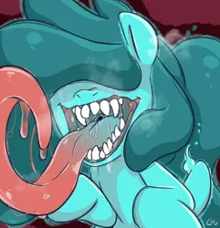 Size: 1600x1659 | Tagged: semi-grimdark, artist:lou, derpibooru import, oc, oc:louvely, ghost, undead, drool, image, long tongue, png, teeth, tongue out