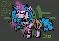 Size: 3508x2480 | Tagged: safe, artist:gold_hd2017, derpibooru import, izzy moonbow, unicorn, fallout equestria, g5, fallout equestria: echoes of war, gun, horn, image, jpeg, solo, weapon