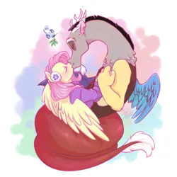 Size: 4000x4000 | Tagged: safe, artist:yami-sempai, derpibooru import, discord, fluttershy, draconequus, pony, winterchilla, g4, discoshy, eyes closed, female, high res, image, kissing, male, mare, png, shipping, straight