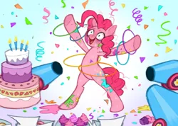 Size: 1078x766 | Tagged: safe, artist:t0byinthesky, derpibooru import, pinkie pie, earth pony, pony, g4, alternate universe, bags under eyes, bipedal, bloodshot eyes, cake, candle, confetti, female, food, image, infection au, loop-de-hoop, party cannon, png, solo