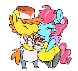 Size: 506x461 | Tagged: dead source, safe, artist:techtechno, derpibooru import, part of a set, carrot cake, cup cake, pony, semi-anthro, g4, ^^, animal crossing, apron, beanbrows, bipedal, birthday cake, birthday candles, bowtie, cake, closed mouth, clothes, colored eyebrows, denim, duo, duo male and female, ear piercing, earring, eyebrows, eyes closed, female, food, freckles, full body, holding, image, jeans, jewelry, kiss on the cheek, kissing, male, mare, old art, pants, piercing, plate, png, shirt, short sleeves, side view, simple background, smiling, stallion, standing, strawberry, white background