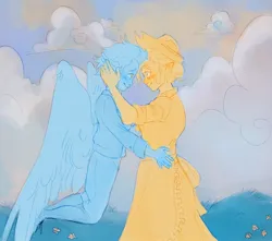 Size: 1700x1500 | Tagged: safe, artist:abbytabbys, derpibooru import, applejack, rainbow dash, human, g4, appledash, blushing, duo, elf ears, female, flying, humanized, image, jpeg, lesbian, looking at each other, looking at someone, older, older applejack, older rainbow dash, shipping, wing ears, winged humanization, wings