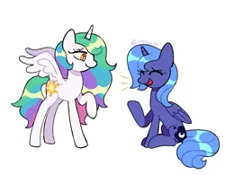 Size: 1283x1000 | Tagged: safe, artist:risswm, derpibooru import, princess celestia, princess luna, alicorn, pony, g4, ^^, closed mouth, duo, duo female, emanata, eyebrows, eyes closed, feathered wings, female, folded wings, full body, horn, image, laughing, looking at someone, mare, narrowed eyes, open mouth, open smile, png, raised hoof, royal sisters, s1 luna, shiny mane, shiny tail, siblings, side view, signature, simple background, sisters, sitting, smiling, standing, three quarter view, white background, white pupils, wings, young celestia, young luna, younger