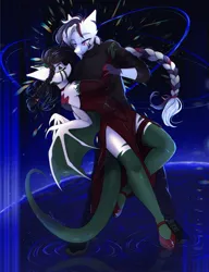 Size: 1576x2048 | Tagged: safe, artist:shinech9, ponerpics import, oc, unofficial characters only, anthro, breasts, clothes, dress, eyes closed, fingerless gloves, gloves, image, jpeg, male and female