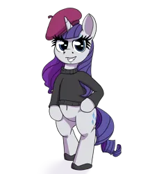 Size: 1725x2123 | Tagged: safe, artist:xppp1n, derpibooru import, rarity, unicorn, g4, alternate hairstyle, beatnik rarity, beret, clothes, hat, horn, ibispaint x, image, png, shoes, simple background, solo, sweater, transparent background, turtleneck