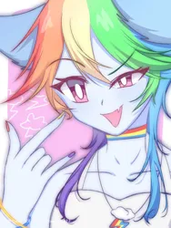 Size: 750x1000 | Tagged: safe, alternate version, artist:zoeyzsnov12, derpibooru import, rainbow dash, human, g4, bracelet, choker, cutie mark accessory, cutie mark necklace, devil horn (gesture), eared humanization, eye clipping through hair, eyebrows, eyebrows visible through hair, humanized, image, jewelry, jpeg, nail polish, necklace, open mouth, open smile, smiling, solo