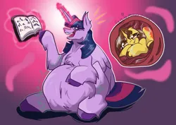 Size: 2283x1614 | Tagged: suggestive, artist:fenjamaus, derpibooru import, twilight sparkle, twilight sparkle (alicorn), oc, alicorn, pony, unicorn, g4, :t, belly, belly fluff, big belly, book, chest fluff, female, fluffy, horn, image, internal, levitation, magic, mare, open mouth, open smile, png, reading, sitting, smiling, soft vore, telekinesis, twipred, vore, x-ray