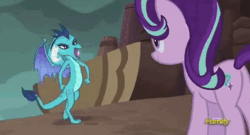 Size: 500x270 | Tagged: safe, screencap, princess ember, starlight glimmer, dragon, pony, celestial advice, g4, animated, bros, chest bump, discovery family logo, dragon lands, dragoness, female, funny, gif, handshake, image, my little pony, predator (franchise), totally