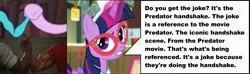 Size: 3469x1024 | Tagged: safe, edit, screencap, princess ember, starlight glimmer, twilight sparkle, twilight sparkle (alicorn), alicorn, dragon, pony, celestial advice, g4, three's a crowd, adorkable, animated, bros, chest bump, commentary, cute, discovery family logo, dork, dragon lands, dragoness, eyeroll, female, funny, glasses, handshake, hub logo, image, jpeg, magic, mare, meta, my little pony, predator (franchise), solo, totally, waitress, waitress twilight sparkle