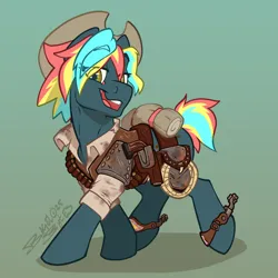 Size: 1400x1400 | Tagged: safe, artist:bagelbytes, derpibooru import, oc, oc:hazel halfhock, fallout equestria, blue body, clothes, cowboy hat, fallout oc, female, gun, hat, hazel eyes, image, png, rope, slaver, solo, solo female, spurs, vest, weapon
