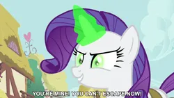 Size: 1280x720 | Tagged: safe, derpibooru import, edit, edited screencap, editor:jaredking779, screencap, rarity, pony, unicorn, g4, inspiration manifestation, season 4, caption, evil grin, female, green eyes, green magic, grin, horn, image, inspirarity, jpeg, magic, mare, my little pony, outdoors, ponyville, possessed, smiling, solo, telekinesis, text