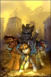 Size: 1767x2664 | Tagged: safe, artist:ramiras, derpibooru import, oc, oc:calamity, oc:littlepip, oc:steelhooves, oc:velvet remedy, unofficial characters only, earth pony, pegasus, pony, unicorn, fallout equestria, armor, female, gun, high res, horn, image, male, mare, outdoors, png, power armor, rifle, signature, size difference, stallion, wasteland, weapon