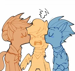 Size: 1263x1201 | Tagged: safe, artist:m4nguito23, derpibooru import, applejack, rainbow dash, oc, oc:apple breeze, earth pony, pegasus, pony, g4, appledash, blushing, clothes, embarrassed, female, image, jpeg, kiss on the cheek, kissing, lesbian, magical lesbian spawn, mare, neckerchief, offspring, older, older applejack, older rainbow dash, parent and child, parent:applejack, parent:rainbow dash, parents and child, parents:appledash, shipping, simple background, trio, white background