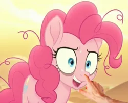 Size: 336x272 | Tagged: safe, derpibooru import, edit, edited screencap, screencap, pinkie pie, earth pony, g4, my little pony: the movie, 1000 years in photoshop, bags under eyes, boop, boop edit, desert sun madness, disembodied hand, hand, image, png, sweat