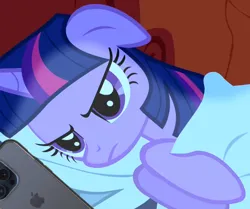 Size: 654x547 | Tagged: safe, derpibooru import, edit, edited screencap, screencap, twilight sparkle, pony, unicorn, friendship is magic, g4, 1000 years in photoshop, :c, >:c, angry, bed, female, floppy ears, frown, grumpy, grumpy twilight, horn, image, iphone, mare, mobile phone, my little pony, on bed, phone, png, reaction image, smartphone, solo, unicorn twilight