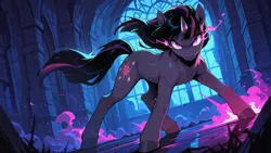 Size: 2560x1440 | Tagged: safe, ai content, artist:truekry, derpibooru import, generator:wai-nsfw-illustrious-sdxl, machine learning assisted, twilight sparkle, pony, unicorn, g4, angry, castle of the royal pony sisters, destruction, female, fighting stance, full body, horn, image, indoors, looking at you, magic, magic explosion, mare, night, png, solo, unicorn twilight, wallpaper, window