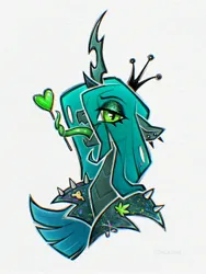 Size: 1544x2048 | Tagged: safe, artist:scheadar, derpibooru import, queen chrysalis, changeling, changeling queen, g4, bust, candy, clothes, ear piercing, earring, eye clipping through hair, eyebrows, eyebrows visible through hair, female, food, image, jacket, jewelry, jpeg, lollipop, long tongue, piercing, punk, simple background, solo, tongue hold, tongue out, white background