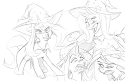 Size: 2550x1650 | Tagged: safe, artist:artistaloiacono, derpibooru import, trixie, pony, unicorn, g4, black and white, cape, clothes, expressions, female, grayscale, hat, horn, image, mare, monochrome, png, simple background, sketch, solo, trixie's cape, trixie's hat, white background