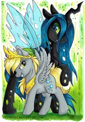 Size: 1702x2414 | Tagged: safe, artist:julunis14, derpibooru import, derpy hooves, queen chrysalis, changeling, changeling queen, pony, g4, crown, duo, duo female, evil grin, female, grin, horn, image, jewelry, mare, peytral, png, regalia, smiling, spread wings, transparent wings, wings