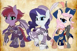 Size: 1300x861 | Tagged: safe, artist:manifest harmony, derpibooru import, rarity, oc, oc:anatami, oc:piaffe, fanfic:empty horizons, g4, fanfic art, gun, image, png, trio, weapon