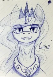 Size: 883x1278 | Tagged: safe, artist:egogosha125, derpibooru import, princess luna, alicorn, pony, g4, crown, eye clipping through hair, fangs, female, image, jewelry, jpeg, mare, narrowed eyes, regalia, simple background, sketch, smug, solo, teeth, text, traditional art, white background