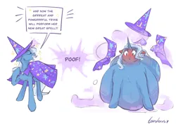 Size: 3508x2480 | Tagged: suggestive, artist:toasterus, derpibooru import, trixie, pony, unicorn, g4, belly, belly bed, big belly, blushing, cape, clothes, embarrassed, fat, fat fetish, fetish, hat, horn, huge belly, image, impossibly large belly, large butt, morbidly obese, obese, png, sketch, solo, speech bubble, spell gone wrong, trixie's cape, trixie's hat, weight gain, weight gain sequence