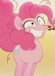 Size: 377x518 | Tagged: safe, derpibooru import, edit, edited screencap, screencap, pinkie pie, earth pony, g4, my little pony: the movie, boop, boop edit, crazy smile, desert sun madness, disembodied hand, hand, image, png