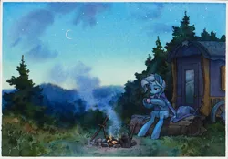 Size: 2877x2000 | Tagged: safe, artist:koviry, derpibooru import, trixie, pony, unicorn, g4, campfire, cape, clothes, crescent moon, hat, horn, image, jpeg, moon, solo, trixie's cape, trixie's hat, trixie's wagon, wagon