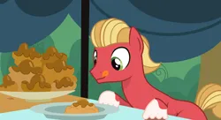 Size: 6000x3264 | Tagged: safe, artist:shieldwingarmorofgod, derpibooru import, sprout cloverleaf, earth pony, pony, g5, apple fritter (food), base used, food, image, male, png, solo, stallion