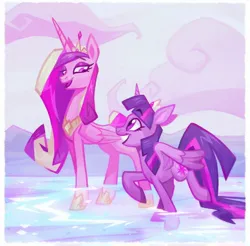 Size: 1280x1262 | Tagged: safe, alternate version, artist:adreamera, artist:lummh, derpibooru import, princess cadance, twilight sparkle, twilight sparkle (alicorn), alicorn, pony, comic:the princess of love, g4, crown, duo, duo female, female, folded wings, glow, glowing horn, grin, height difference, hoof shoes, horn, image, jewelry, jpeg, looking at each other, looking at someone, mare, multicolored hair, open mouth, outdoors, partially submerged, peytral, physique difference, princess shoes, regalia, sisters-in-law, slender, smiling, standing, standing in water, style test, the princess of love test art, thin, water, wings