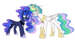 Size: 3480x1920 | Tagged: safe, artist:moonatik, derpibooru import, princess celestia, princess luna, alicorn, pony, g4, commission, crown, drool, eyeshadow, female, fetish fuel, hoof shoes, image, intelligence loss, jewelry, magic, makeup, mare, peytral, png, princess shoes, regalia, smiling