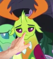 Size: 454x504 | Tagged: safe, derpibooru import, edit, edited screencap, screencap, thorax, changedling, changeling, g4, boop, boop edit, cute, disembodied hand, floppy ears, hand, image, needs more jpeg, png, sad, sadorable, solo focus