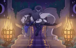 Size: 4093x2620 | Tagged: suggestive, artist:kaenn, derpibooru import, oc, oc:penumbra shard, unofficial characters only, unicorn, fanfic:iron hearts, altar, brazier, butt, carpet, clothes, commissioner:sfaccountant, featureless crotch, female, fire, horn, image, long hair, long mane, long tail, looking at you, night, night sky, png, sky, smiling, smiling at you, socks, solo, solo female, tail, unicorn oc