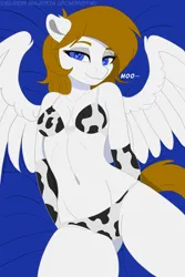 Size: 5240x7860 | Tagged: suggestive, artist:celsior majesta, ponerpics import, oc, unofficial characters only, anthro, bed, bikini, breasts, clothes, cowkini, cowprint, evening gloves, female, gloves, image, long gloves, on bed, png, solo, solo female, string bikini, swimsuit