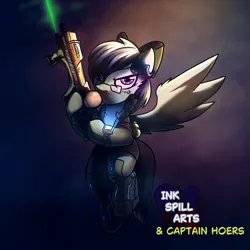 Size: 2500x2500 | Tagged: safe, artist:captainhoers, artist:kranonetwork, derpibooru import, edit, oc, oc:wind of the skies, unofficial characters only, cyborg, pegasus, bubblegum, cybernetic legs, food, gum, gun, image, nighthaze, png, prosthetic eye, prosthetics, solo, submachinegun, watch, weapon