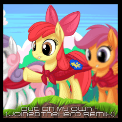 Size: 1440x1440 | Tagged: safe, artist:joinedtheherd, artist:mysticalpha, derpibooru import, apple bloom, scootaloo, sweetie belle, earth pony, pegasus, pony, g4, 2016, animated, cutie mark crusaders, drum and bass, electronic, image, lossless transcode, music, out on my own, remix, show tune remix, sound, sound only, vocal chops, vocals, webm