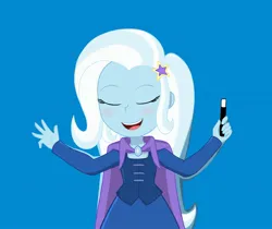 Size: 2729x2295 | Tagged: safe, artist:blauh_0, derpibooru import, trixie, human, equestria girls, g4, blue background, eyes closed, female, image, jpeg, magic wand, simple background, solo