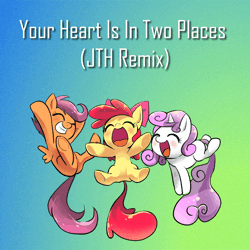 Size: 1440x1440 | Tagged: safe, artist:joinedtheherd, artist:quizia, derpibooru import, apple bloom, scootaloo, sweetie belle, earth pony, pegasus, pony, unicorn, g4, 2018, animated, autotune, cutie mark crusaders, electronic, gradient background, horn, house (music), image, lossless transcode, music, progressive house, remix, show tune remix, sound, sound only, vocal chops, vocals, webm, your heart is in two places