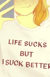 Size: 974x1500 | Tagged: safe, artist:tanatos, derpibooru import, braeburn, anthro, earth pony, g4, clothes, hand, image, jpeg, male, meme, phone, shirt, t-shirt, text, vulgar