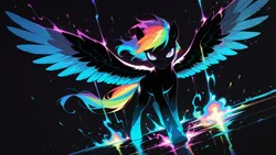 Size: 2560x1440 | Tagged: safe, ai content, artist:truekry, derpibooru import, generator:wai-nsfw-illustrious-sdxl, rainbow dash, pegasus, pony, g4, ai composition, colorful, determined look, female, image, looking at you, mare, png, simple background, solo, stylized, wallpaper