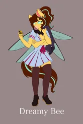 Size: 1365x2048 | Tagged: safe, artist:mscolorsplash, derpibooru import, ponerpics import, oc, oc:dreamy bee, unofficial characters only, anthro, bee, beeling, changeling, hybrid, insect, original species, plantigrade anthro, pony, breasts, bubblegum, busty oc, changeling oc, cleavage, clothes, crossed arms, female, food, gum, high heels, image, jpeg, mare, mobile phone, multiple arms, phone, shoes, simple background, smartphone, socks, solo, solo female, stockings, thigh highs