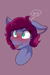 Size: 1365x2048 | Tagged: safe, artist:mscolorsplash, derpibooru import, oc, unofficial characters only, earth pony, pony, blushing, bust, crying, female, floppy ears, image, jpeg, mare, no pupils, purple background, simple background, solo, thought bubble, tongue out, wavy mouth