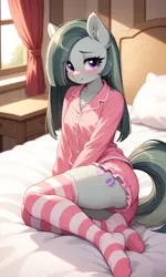 Size: 768x1280 | Tagged: suggestive, generator:hoshino, machine learning generated, prompter:kosmo, marble pie, anthro, g4, bed, bedroom, blushing, clothes, female, image, laying on bed, legs, legwear, looking at you, on bed, pajamas, png, socks, solo, solo female, striped socks, thigh highs, window