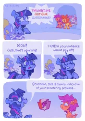 Size: 1446x2048 | Tagged: safe, artist:astroeden, derpibooru import, apple bloom, scootaloo, spike, sweetie belle, twilight sparkle, twilight sparkle (alicorn), alicorn, dragon, earth pony, pegasus, pony, unicorn, g4, chest fluff, comic, curved horn, cutie mark, cutie mark crusaders, dialogue, female, filly, foal, horn, image, jpeg, male, mare, quill, scroll, speech bubble, the cmc's cutie marks, unshorn fetlocks, writing