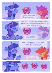 Size: 1446x2048 | Tagged: safe, artist:astroeden, derpibooru import, apple bloom, scootaloo, sweetie belle, twilight sparkle, twilight sparkle (alicorn), alicorn, earth pony, pegasus, pony, unicorn, g4, chest fluff, comic, curved horn, cutie mark, cutie mark crusaders, dialogue, female, filly, foal, horn, image, jpeg, mare, speech bubble, the cmc's cutie marks
