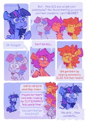 Size: 1446x2048 | Tagged: safe, artist:astroeden, derpibooru import, apple bloom, scootaloo, sweetie belle, twilight sparkle, twilight sparkle (alicorn), alicorn, earth pony, pegasus, pony, unicorn, g4, comic, cutie mark crusaders, dialogue, female, filly, foal, frazzled, horn, image, jpeg, mare, speech bubble, this will end in twilighting
