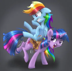 Size: 1406x1386 | Tagged: safe, artist:helmie-art, artist:modecom1, derpibooru import, rainbow dash, twilight sparkle, pegasus, pony, unicorn, g4, duo, female, gray background, horn, image, jpeg, mare, open mouth, ponies riding ponies, riding, riding a pony, saddle, simple background, tack, unicorn twilight