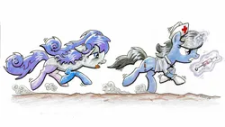 Size: 3276x1843 | Tagged: safe, artist:helmie-art, derpibooru import, oc, oc:nurse bloodlust, oc:penelope, unofficial characters only, pony, unicorn, chase, clothes, ear piercing, earring, exhausted, female, gloves, hoof gloves, horn, image, jewelry, jpeg, latex, latex gloves, levitation, magic, mare, nurse outfit, piercing, rubber gloves, running, sweat, sweatdrop, syringe, telekinesis, traditional art, wingless